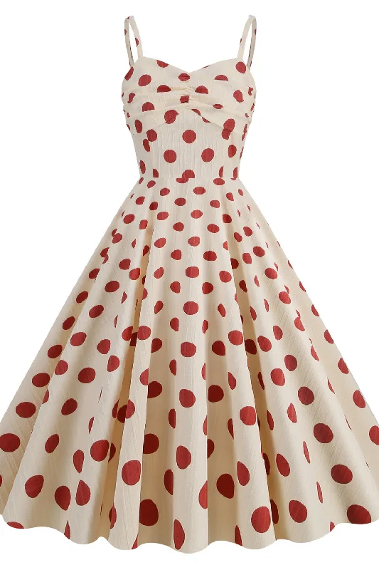 Women's Clothing Sale Straps Ivory and Red Polk Dots Swing Dress