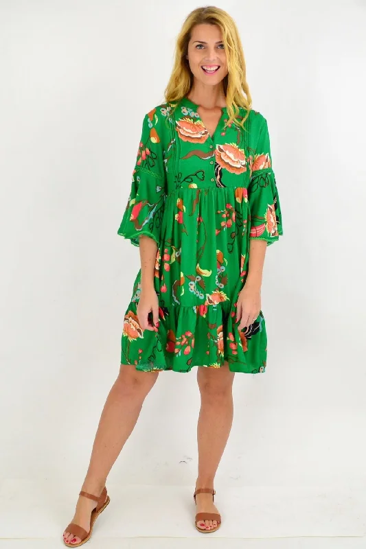 Seasonal Women's Fashion Trends Green Betty Bell Sleeve Tunic Dress