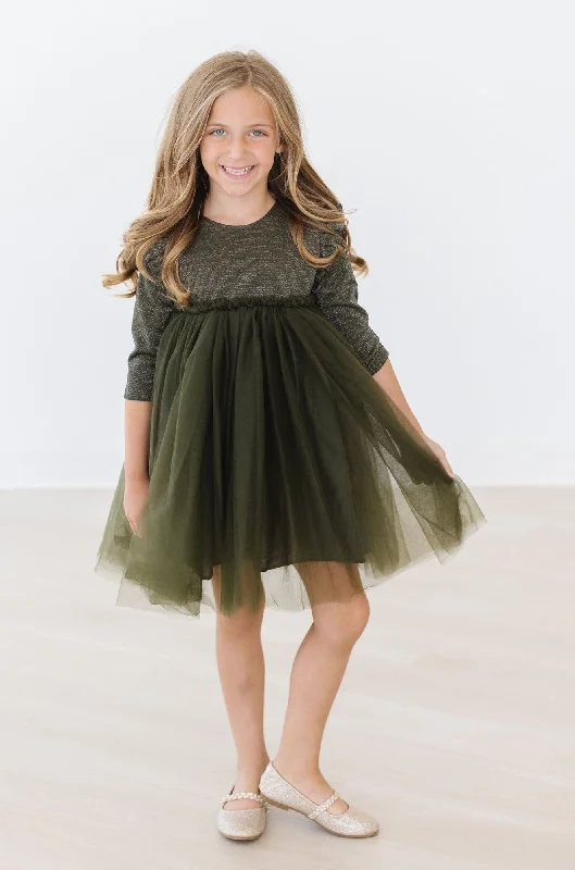 Best Boutiques Online Olive Shimmer 3/4 Sleeve Tutu Dress