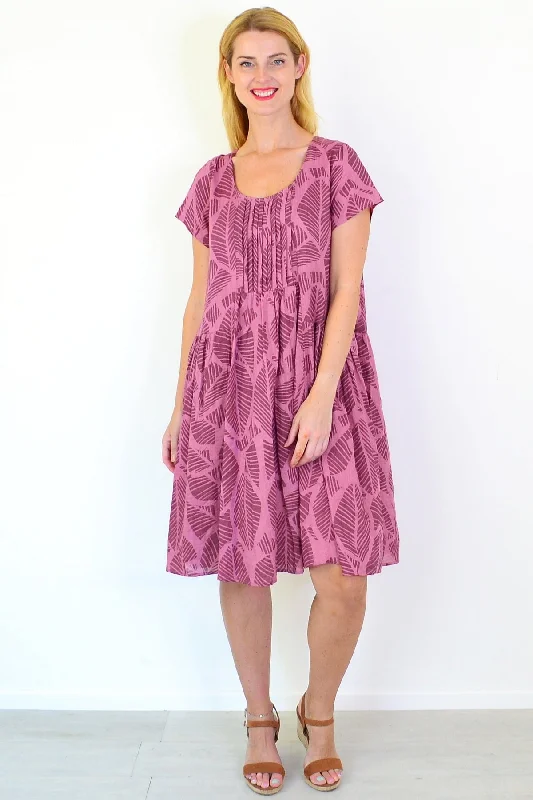 Women's Clothing for All Occasions Dusty Pink Leaf Print Peasant Tunic Dress