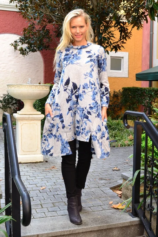 Trendy Online Boutiques Blue Autumn Leaf Fleece Tunic Dress