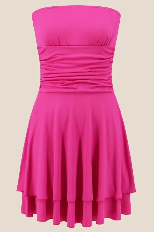 Summer Sale Strapless Hot Pink Ruffle Ruched Short Dress