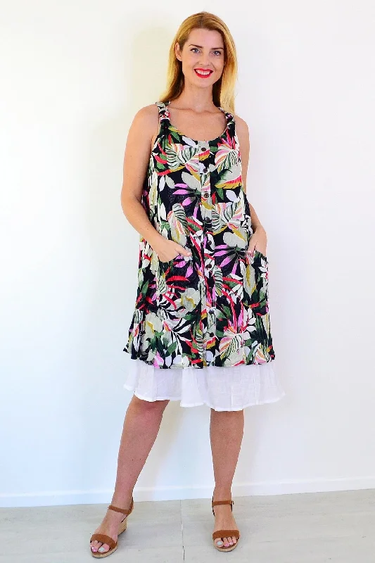 Women's Holiday Clothing Tropical Forest Leaf Crinkle Tunic Dress