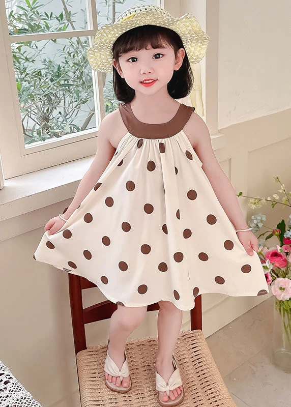 Women's Outerwear for All Weather Conditions Unique Coffee O-Neck Dot Print Wrinkled Kids Chiffon Strap Dress Summer