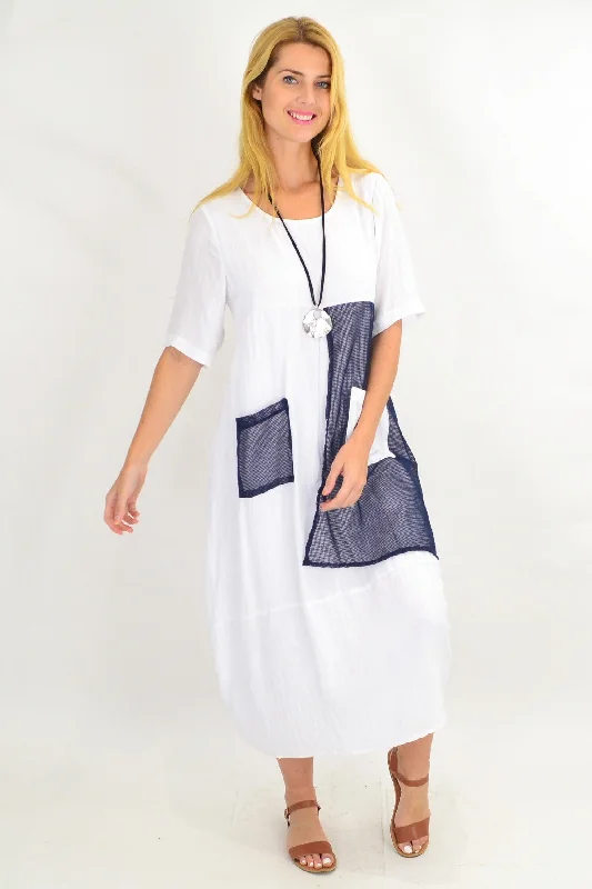 Free Spirited Fashion White Linen Blend Net Pocket Tunic Dress