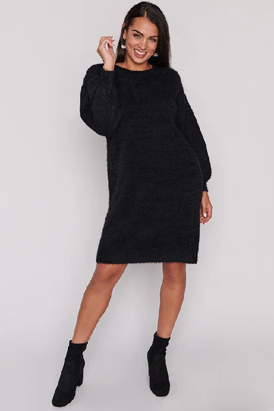 Woman Clothing Cozy Black Knit Dress