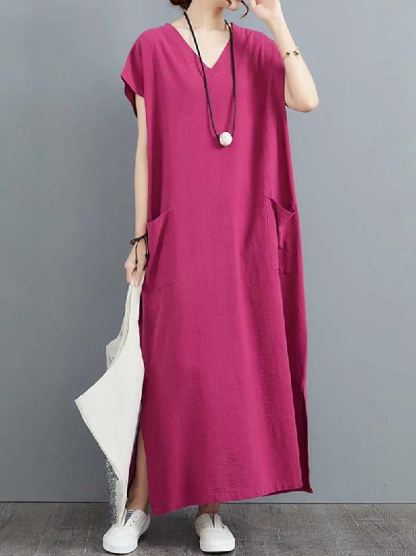 Casual Women's Clothing Hemp Material Plain Short Sleeves With Double Side Pocket A-Line Dress