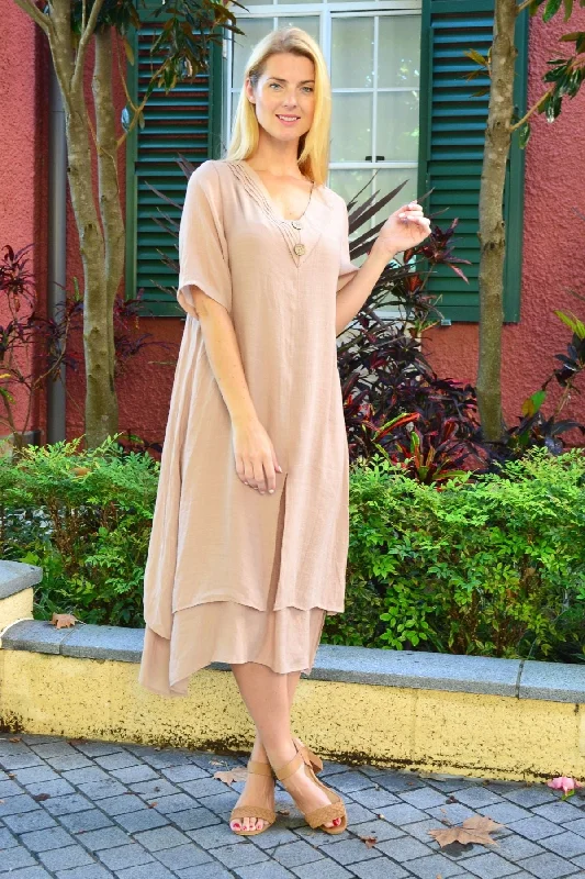 Fashionable Women's Wardrobe Beige Blush Coconut Overlay Tunic Dress