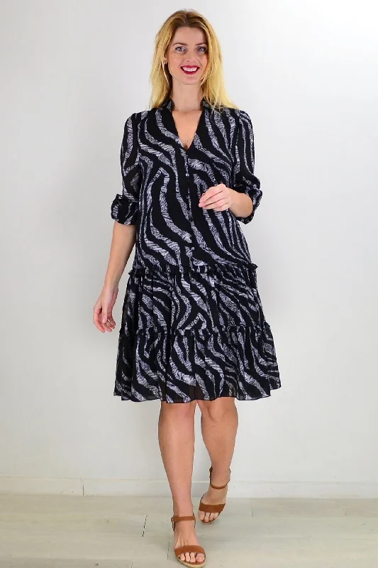 Women's Fashion Clothing Grey Black Animal Tiered Tunic Dress