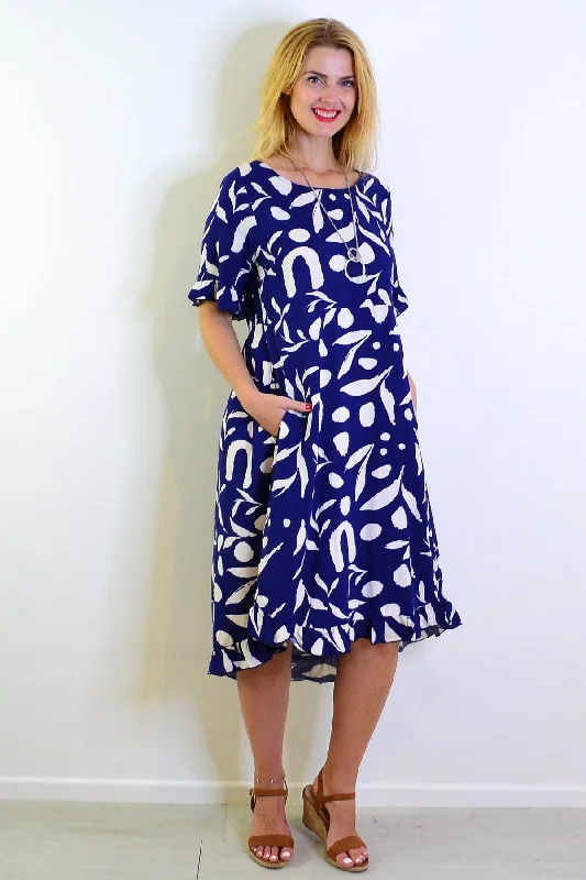 Sophisticated Women's Fashion Navy White Spots Print Summer Dress