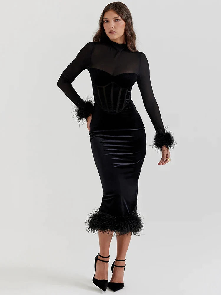 Online Clothing Boutiques Marie Mae - Figure flattering velvet dress with feather details