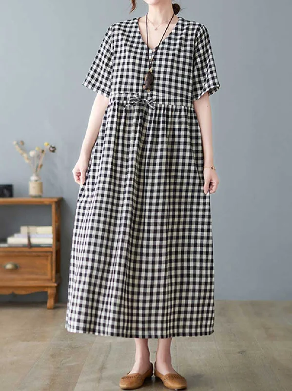 Stylish Everyday Clothing Feel Ambitious Plaid Cotton Smock Dress