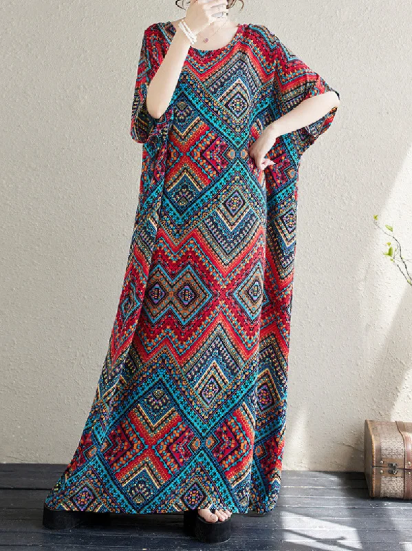 Sophisticated Style Women's Summer Beach Wear Loose Bohemian Printing Kaftan Dress