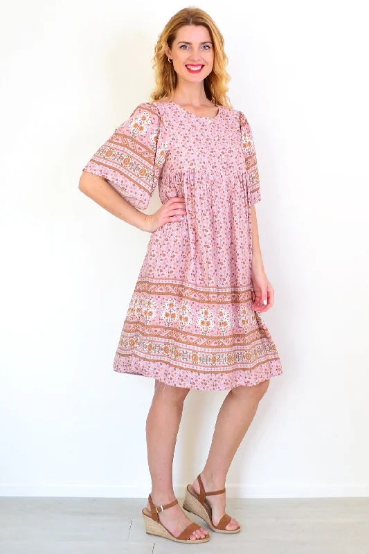 Women's Charming Outfit For Events Pink Brown Bell Sleeve Tunic Dress