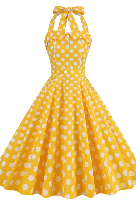 Women Clothing Yellow Polk Dots Halter Swing Dress