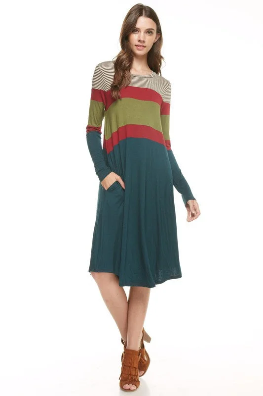 Women's Clothing For Travel Color Block Stripe Pocket Dress