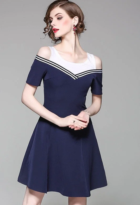 Women's Clothing Sale Online Navy and White Cold Shoulder Dress