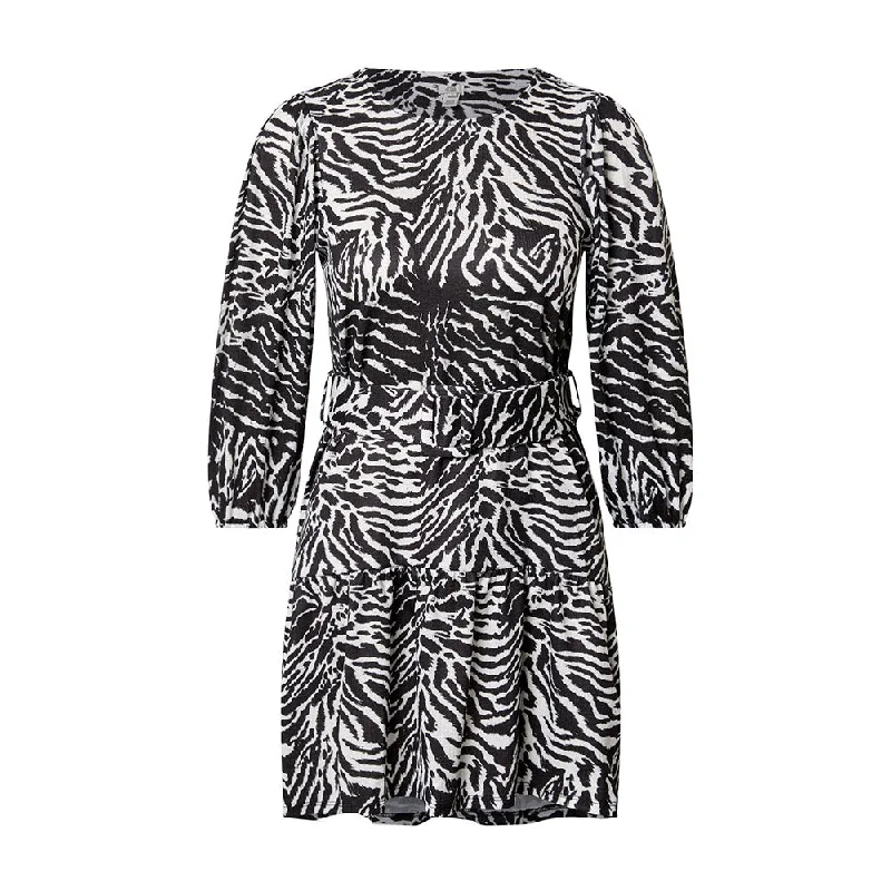 Boutique Dress Online Women's Belted Printed Ruffle Hem Dress,Black/White