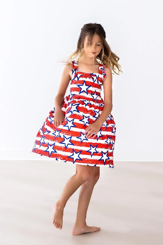 Vibrant Femme Fashion Stars & Stripes Ruffle Cross Back Dress