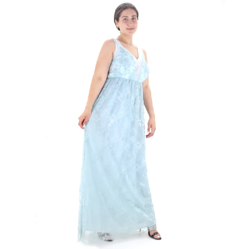 Relaxed Style Women's Lace Panel V-Neck Long Dress,Aqua