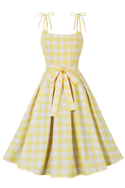 Casual Fashion Trends for Women Yellow Plaid Swing Dress with Sash