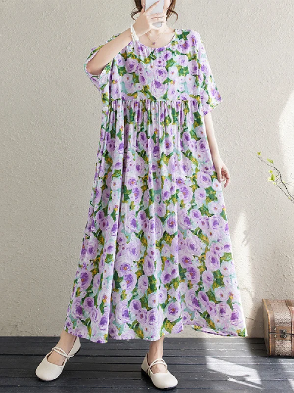 Sale Clothes Online Women's Summer Printed Flower High Waist Smock Dress