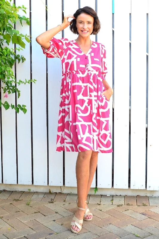 Clothes For Women Pink White Front Button Up Tunic Dress