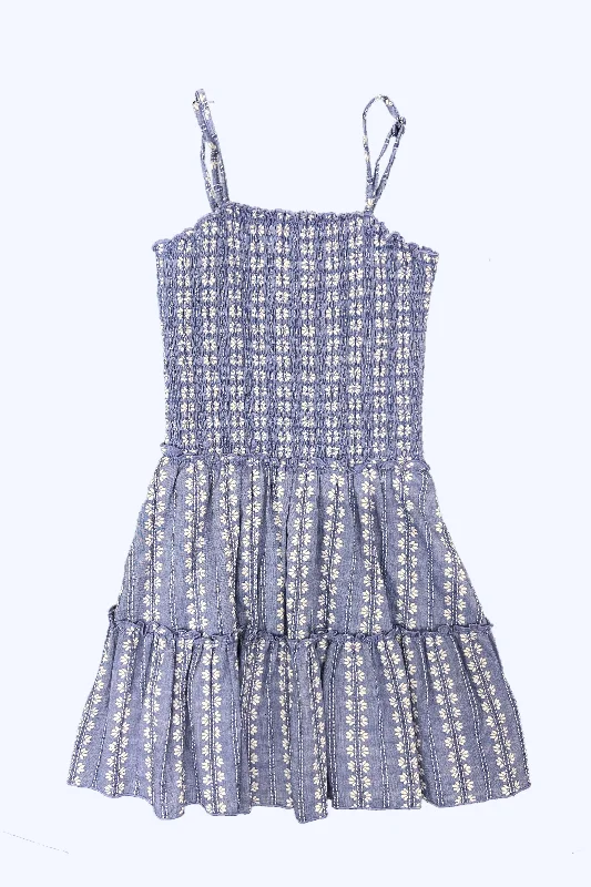 Early Bird Offer Blue Ivory Eyelet Smocked Bodice Flowy Dress