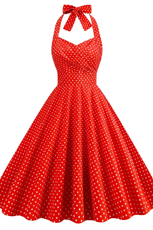 Women's Clothing Online Sale Halter Red Polk Dots Swing Dress