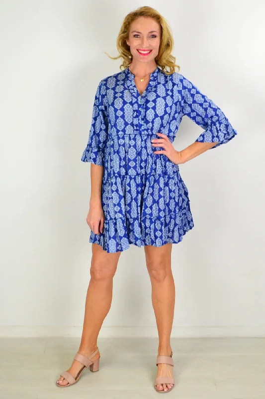 Vibrant Femme Fashion Pretty Fun in Blue Tiered Tunic Dress