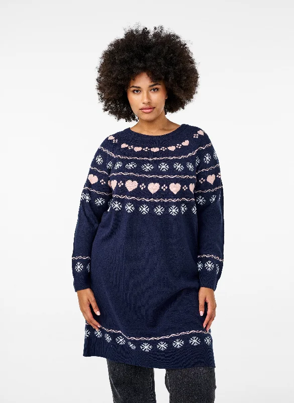 Woman Clothing Zizzi Christmas Knit Dress in Navy