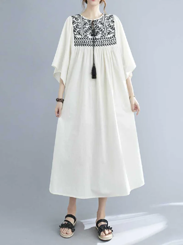 Women's Clothing Sale Online Embroidered Polyester Round-Neck A-Line Dress