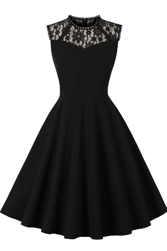 Trendy Boutiques Online Sheer Lace Neck Black Swing Dress