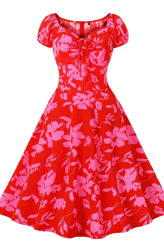 Sales For Clothes Short Sleeves Red Print Swing Dress