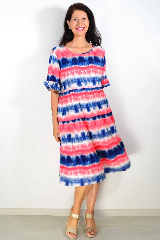 Comfortable Women's Clothes Pink Blue Tie Dye Tunic Dress