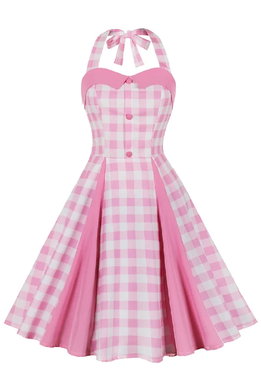 Comfortable Casual Women's Clothing Pink Plaid Straps Barbie Dress