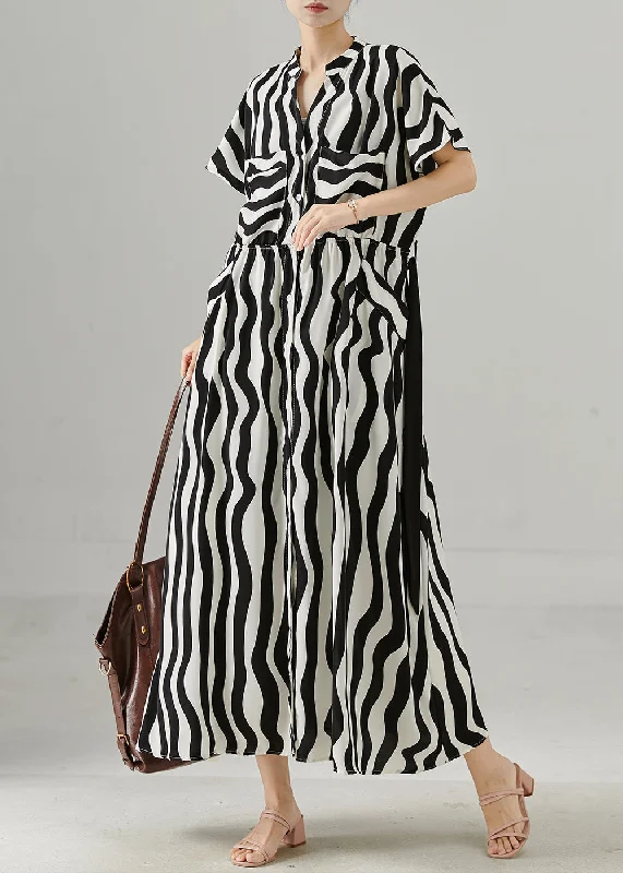 Women's Fashion Essentials Chic Black Tie Waist Striped Chiffon Work Dress Summer