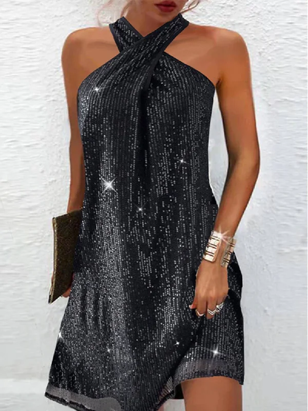 Elegant Women's Clothing Glitter Elegant Halterneck Dress