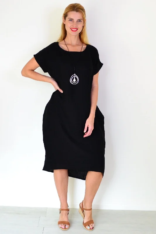 Bundle Offer Black Short Sleeve Side Pockets Linen Dress