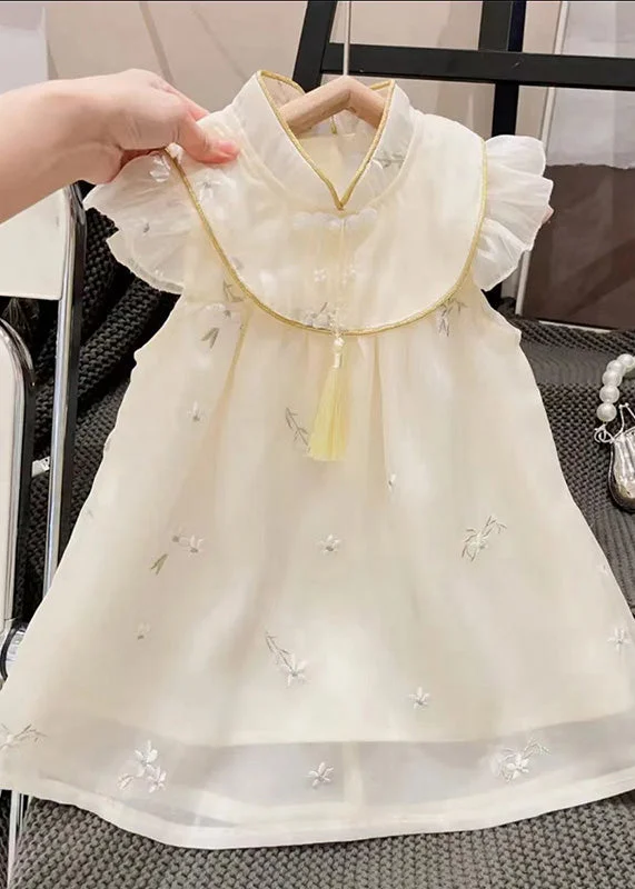 Cheap Women's Clothing Online Casual Beige Stand Collar Embroideried Tassel Patchwork Tulle Long Dresses Summer