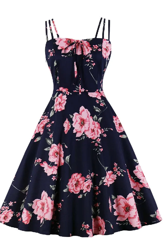 Discount Store Navy Blue and Pink Floarl Swing Dress