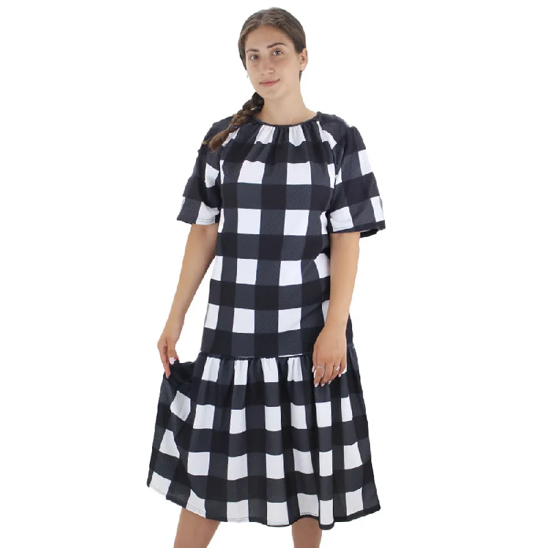 Sophisticated Style Women's Plaid Ruffle Hem Oversized Dress,White/Black