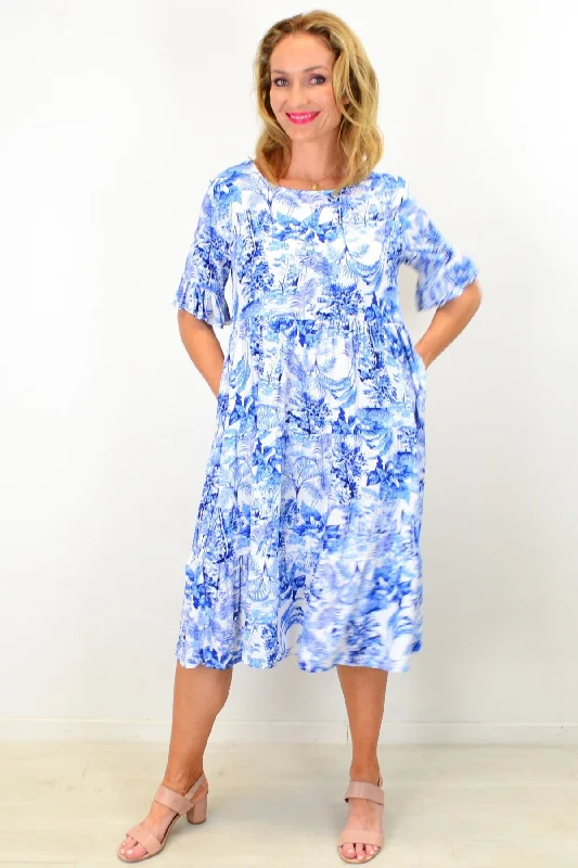 Women's Comfortable Lounge Garments Churchill Blue Tropical Tiered Tunic Dress