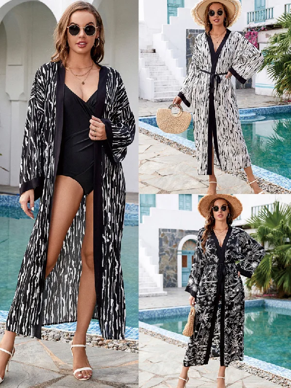 Clothes Woman Women's Open Style Printed Embroidered Belt Kimono Dress