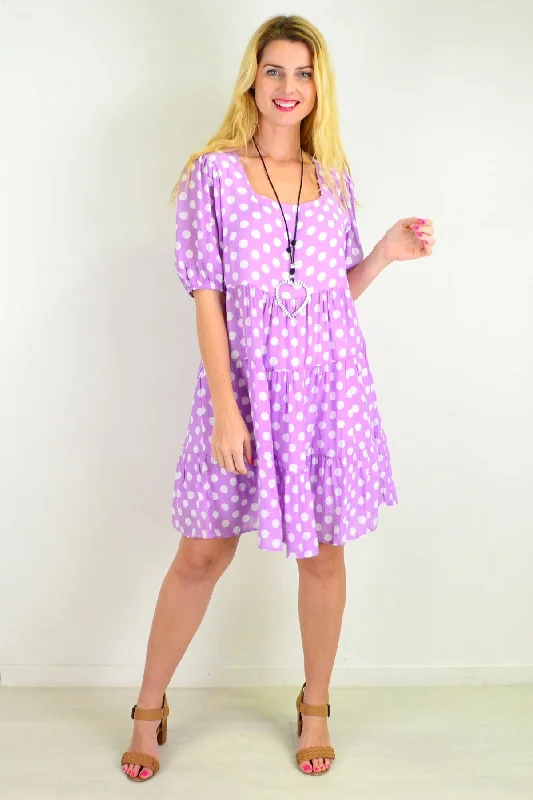 Casual Clothing For Women Mauve Polka Dot Puff Sleeves Tunics Dress