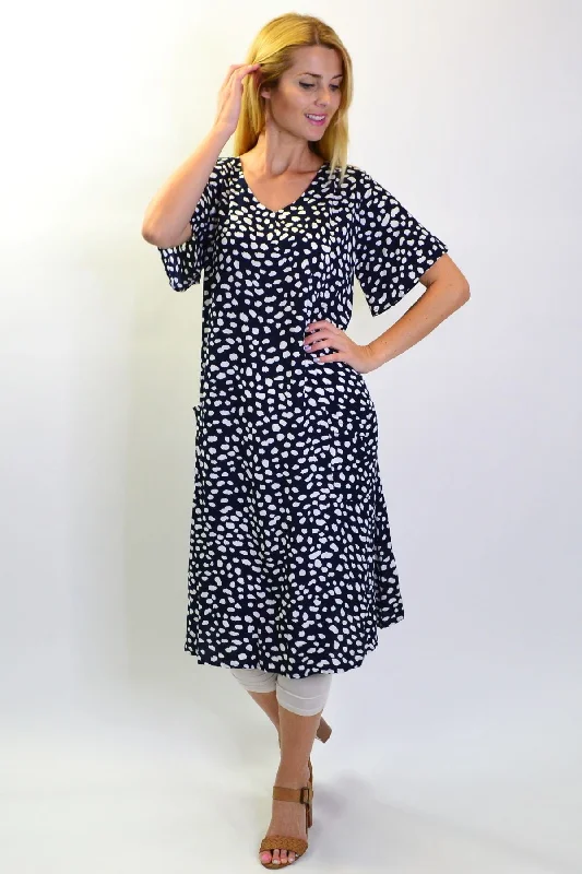 Trendy Athleisure Clothing For Women Navy Dots and Pockets Tunic Slip Dress