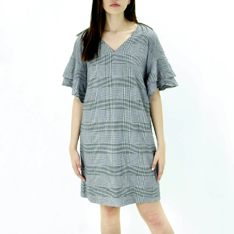 Everyday Fashion Women's Ruffled-Sleeve Plaid Dress,Black/White