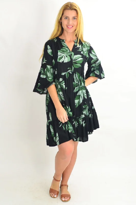 Online Shopping Boutiques Bell Cuff Tropical Leaf Tunic Dress