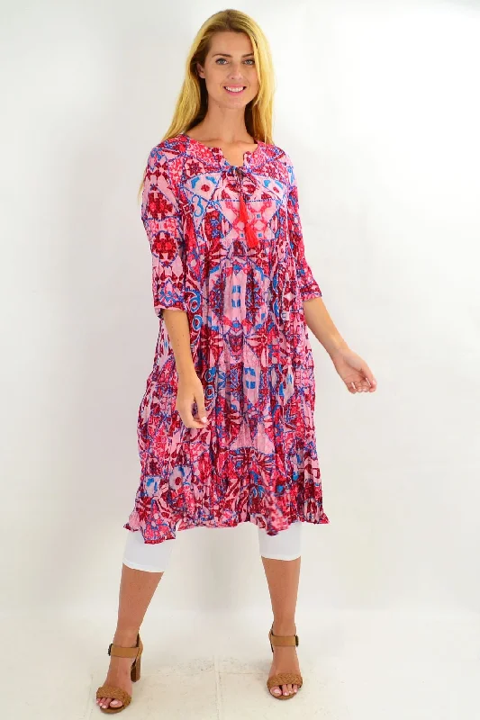 Trendy Women's Fashion Pink Abstract Tie Neck Tunic Dress