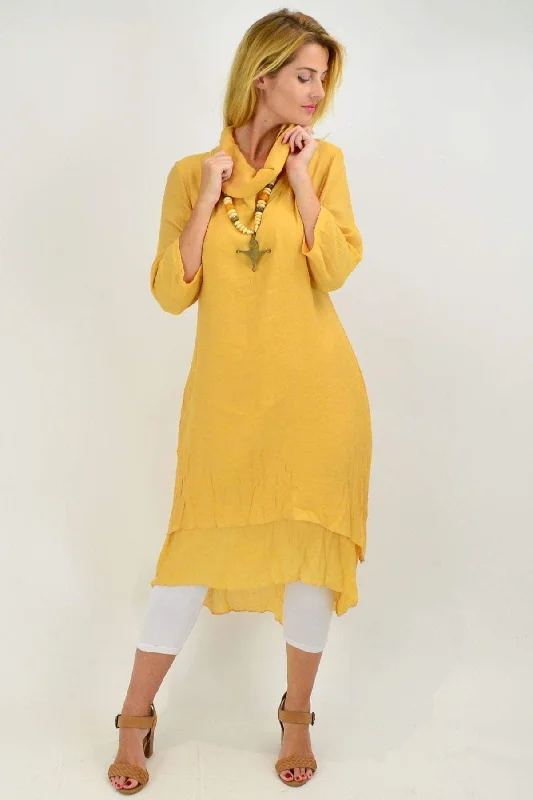 Women's Outfit Mustard Cowl Neck Tunic Dress